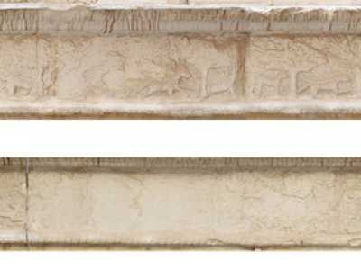 Il terzo elemento presente sul palazzo, � il fregio marcapiano che divide il piano terra dal primo livello dell�edifico e che si estende su tutto il prospetto. � caratterizzato da una pronunciata cornice aggettata, decorata per tutta la sua lunghezza di 12 metri da elementi vegetali classicheggianti, mentre in basso � delimitato da un cordolo segnato da segmenti trasversali